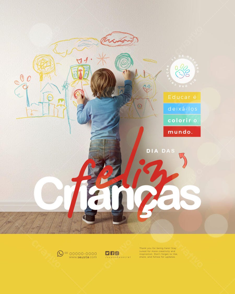 Flyer Dia das Crianças com Mensagem Educar é Colorir o Mundo PSD Editável