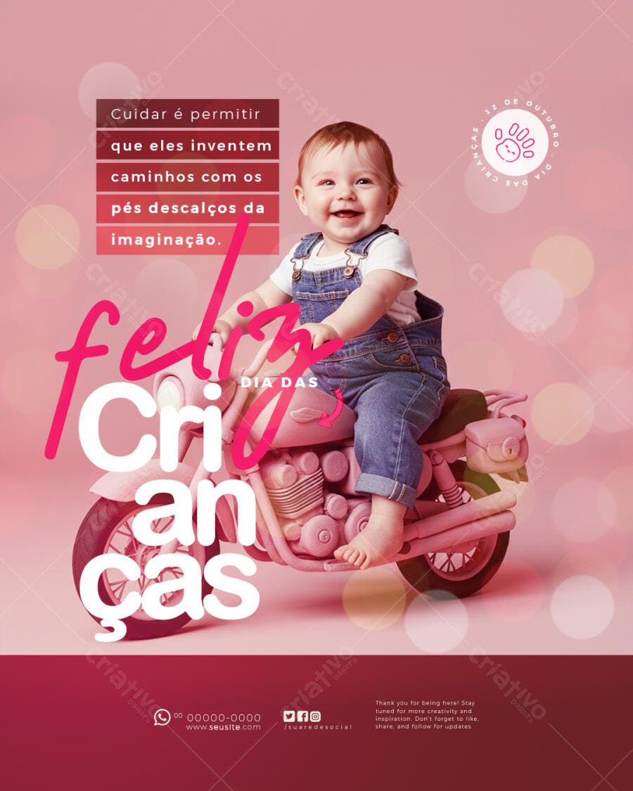 Flyer Dia das Crianças Bebê Sorridente na Moto Rosa Psd Editável