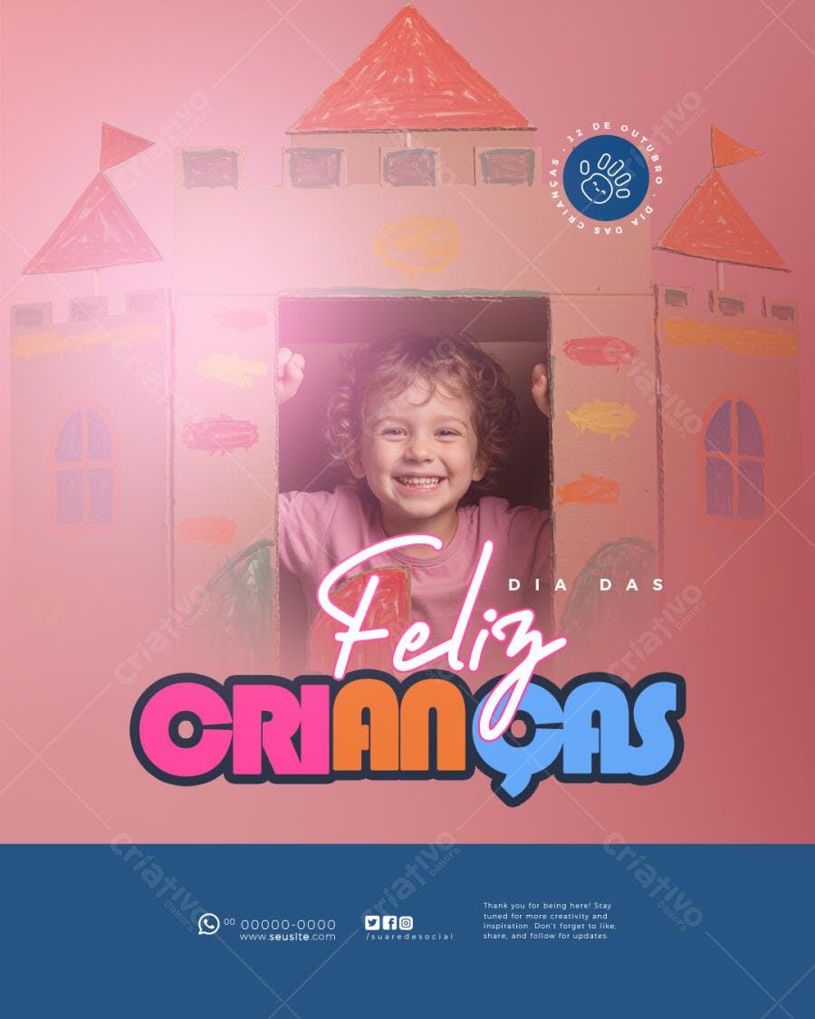 Flyer Dia das Crianças com Menina Sorridente e Castelo Psd Editável