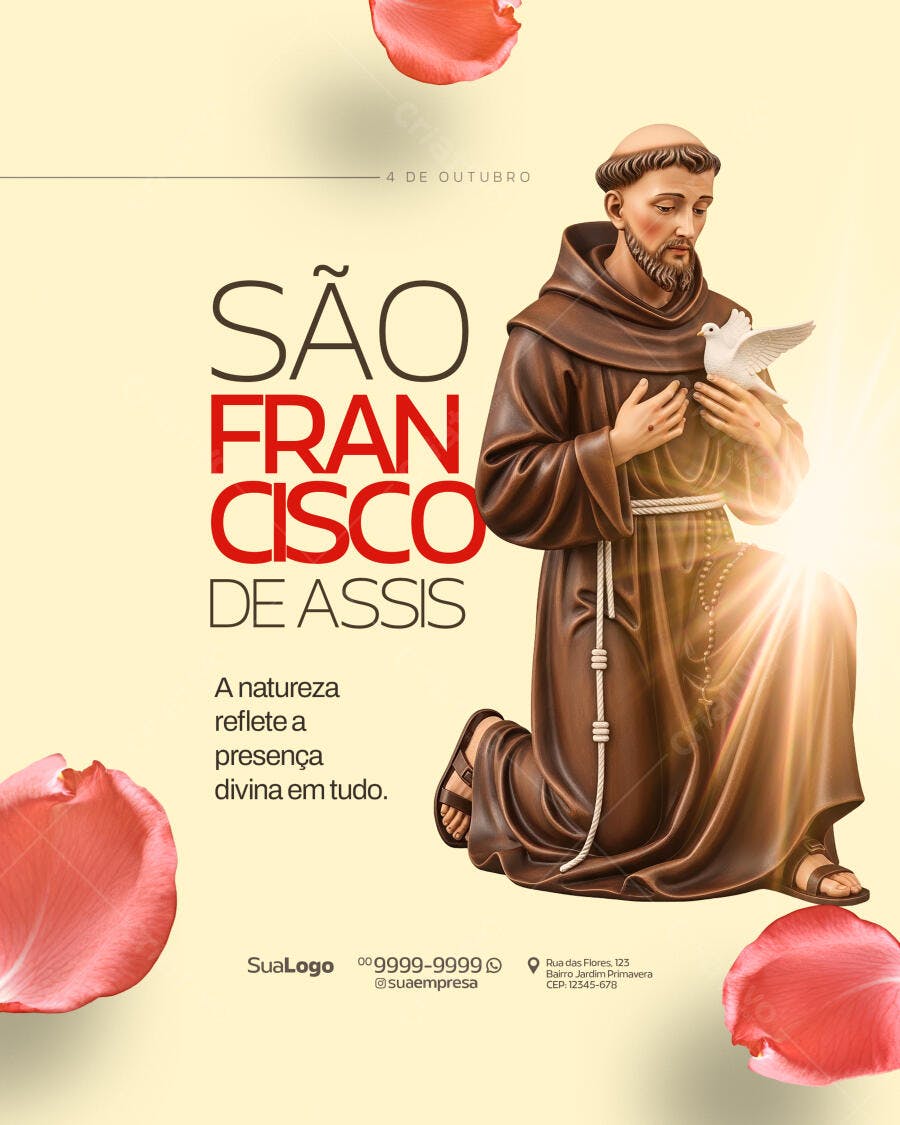 Postagem Dia de São Francisco de Assis com pomba e pétalas PSD Editável