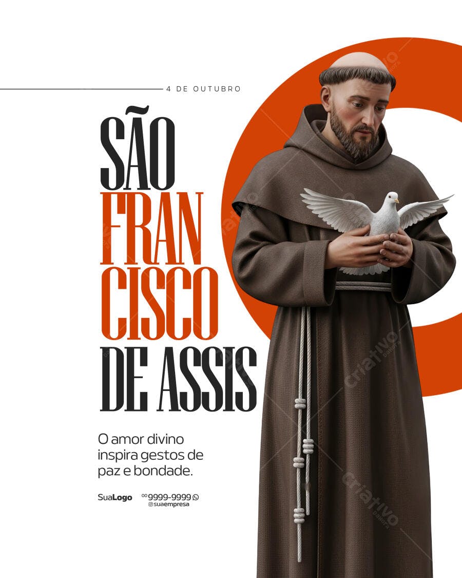 Flyer São Francisco de Assis com pomba e hábito marrom PSD Editável