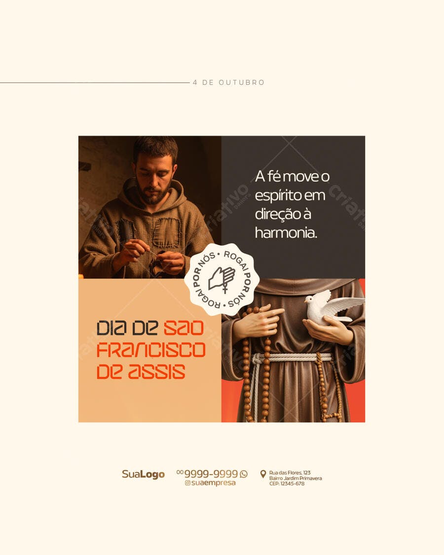 Flyer Religioso Dia de São Francisco Assis Paz e Fé PSD Editável