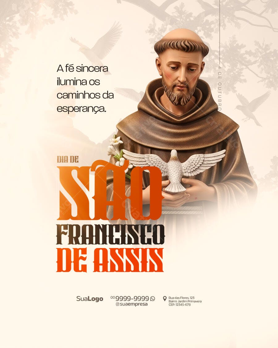 Flyer Dia de São Francisco de Assis com Santo e Pomba PSD Editável