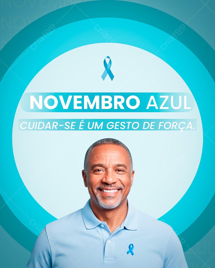 Flyer Novembro Azul Homem Negro Sorrindo Laço Azul PSD Editável
