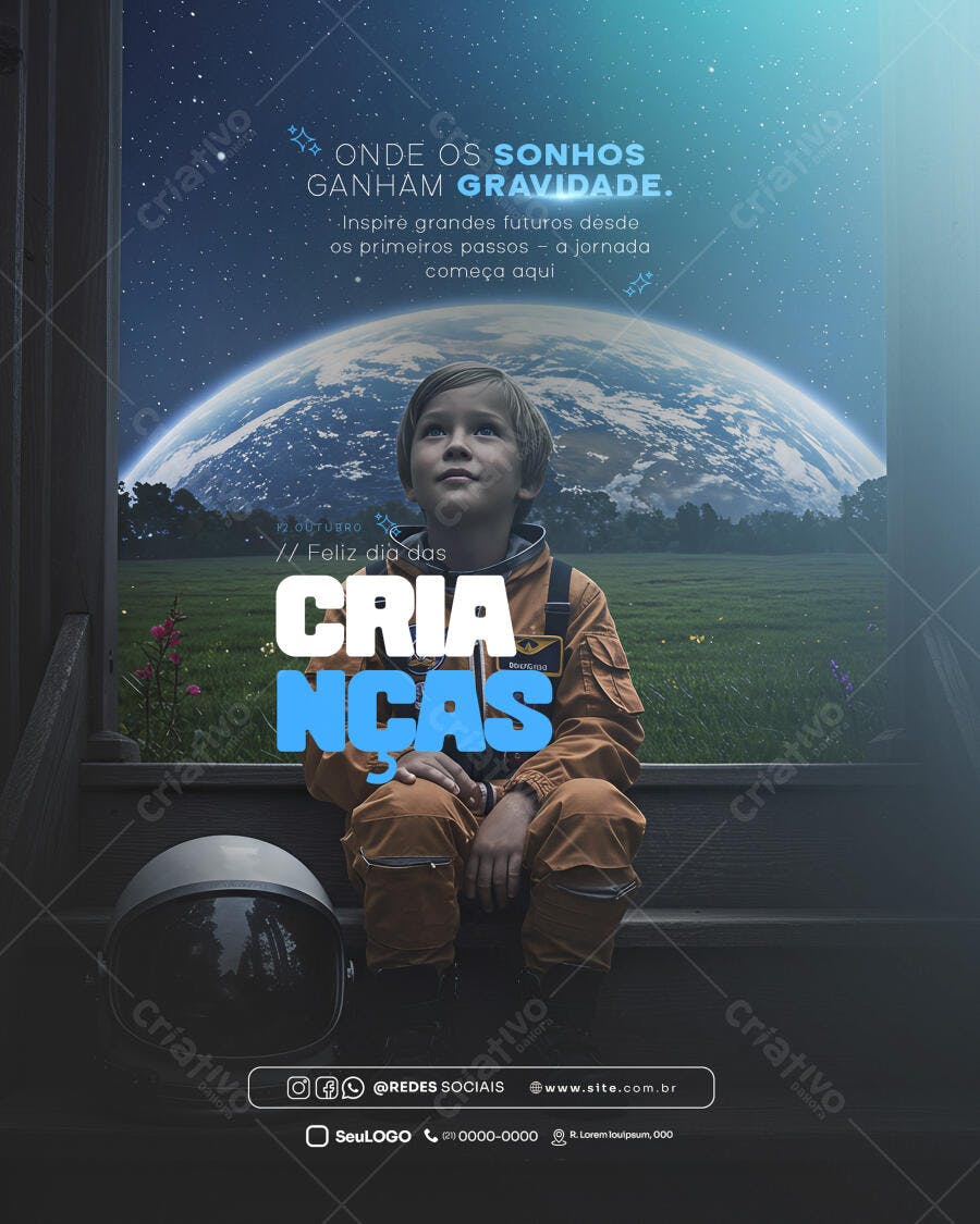 Post Redes Sociais Dia das Crianças Astronauta PSD Editável