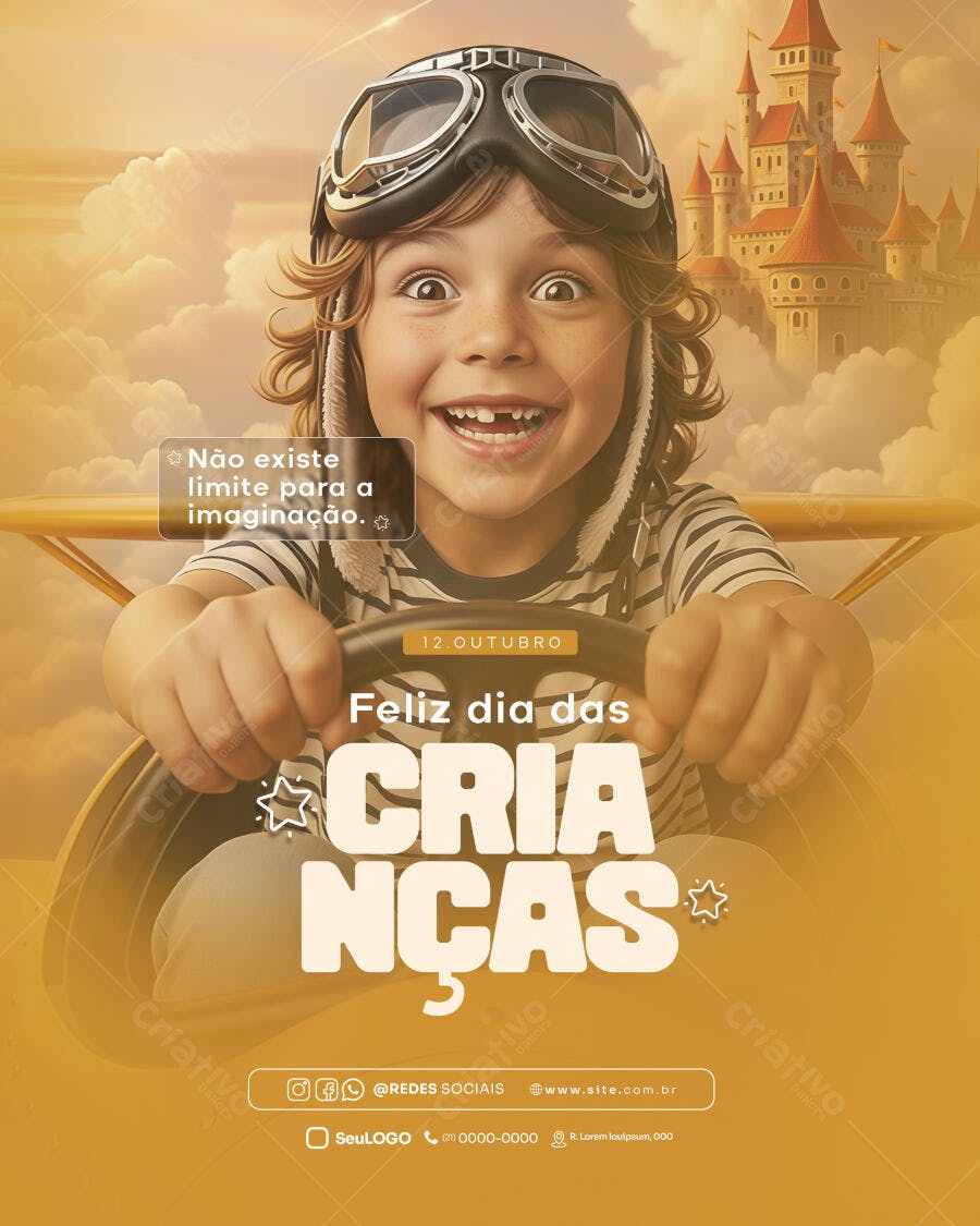 Flyer Feliz Dia das Crianças Criança Aviador Castelo PSD Editável