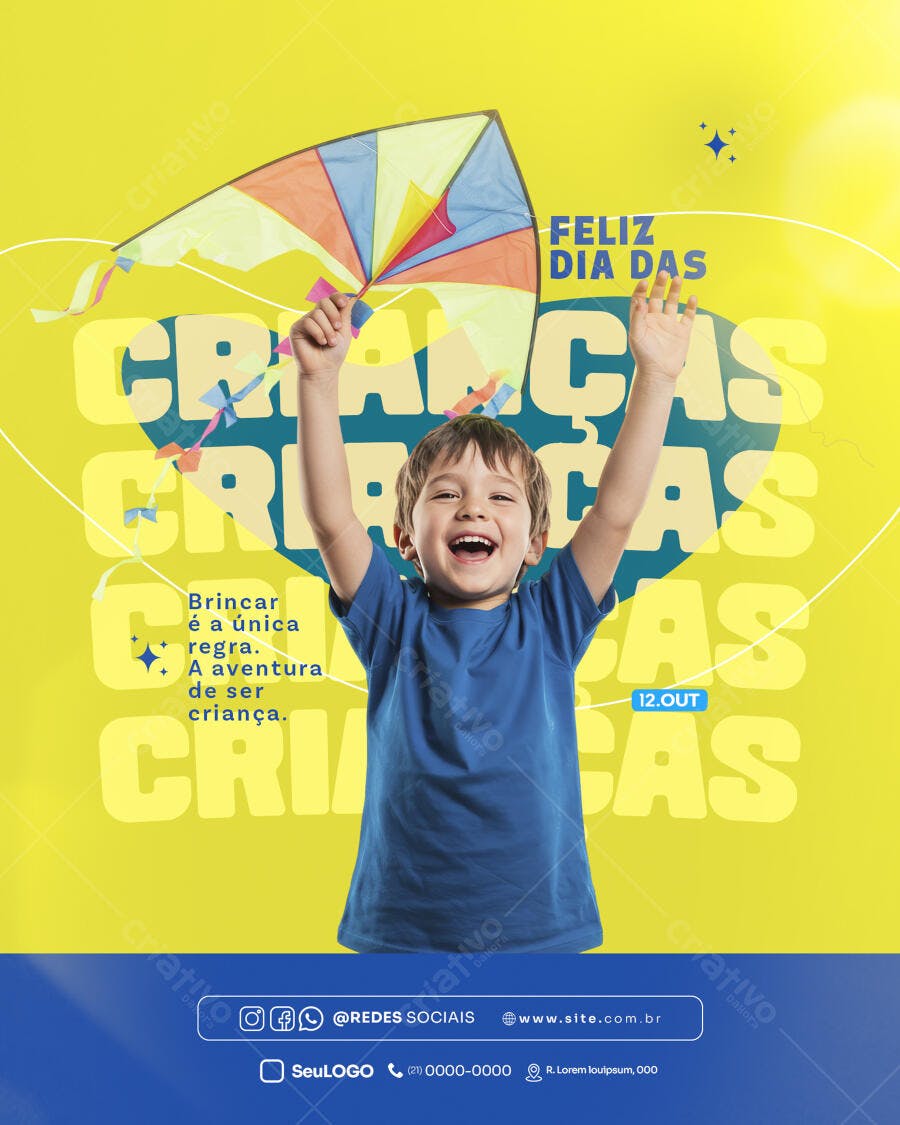 Flyer Dia das Crianças Menino Feliz com Pipa Colorida PSD Editável