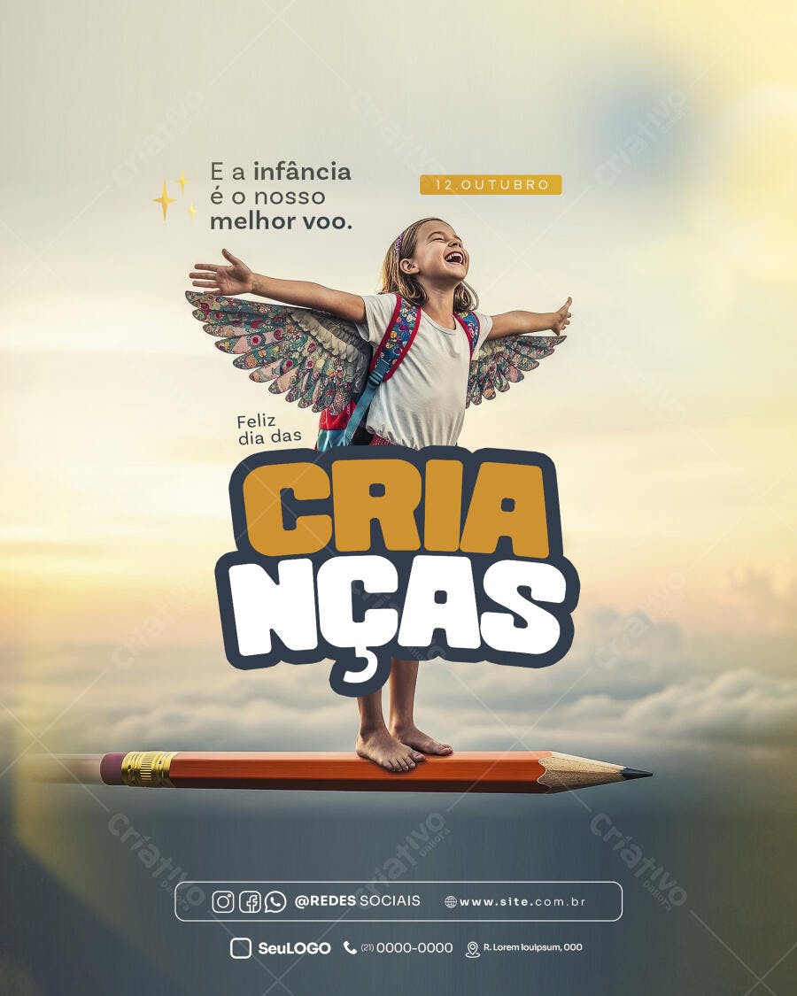 Flyer Dia das Crianças com Menina e Asas Coloridas PSD Editável