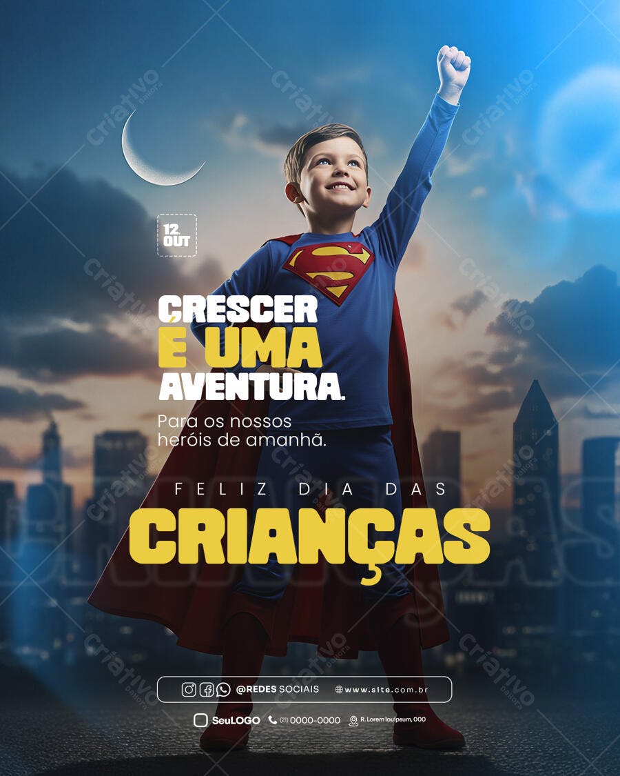 Post para Redes Sociais Dia das Crianças Menino Super Herói PSD Editável