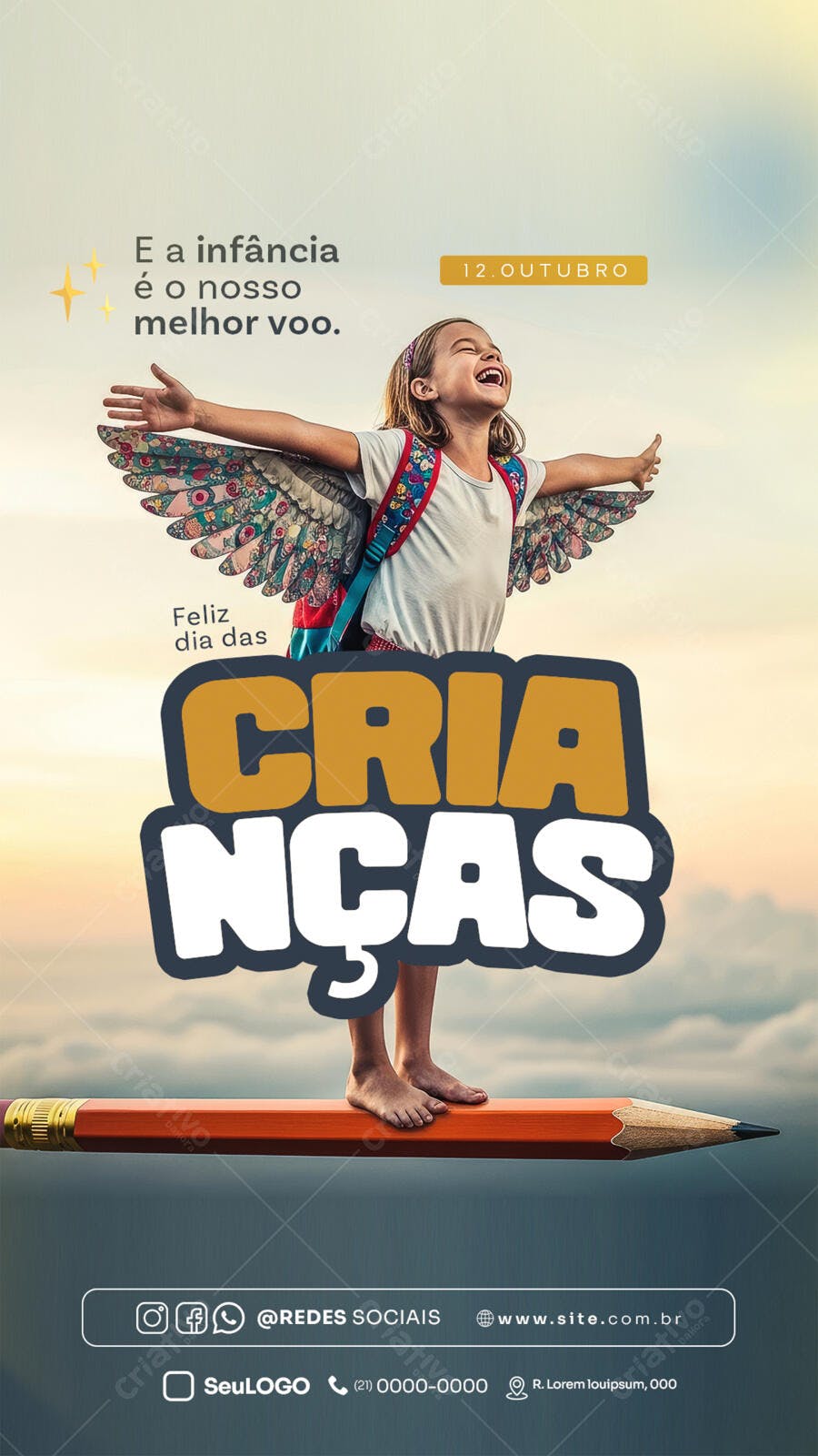 Flyer Dia das Crianças Menina Sorrindo com Asas e Lápis Gigante PSD Editável