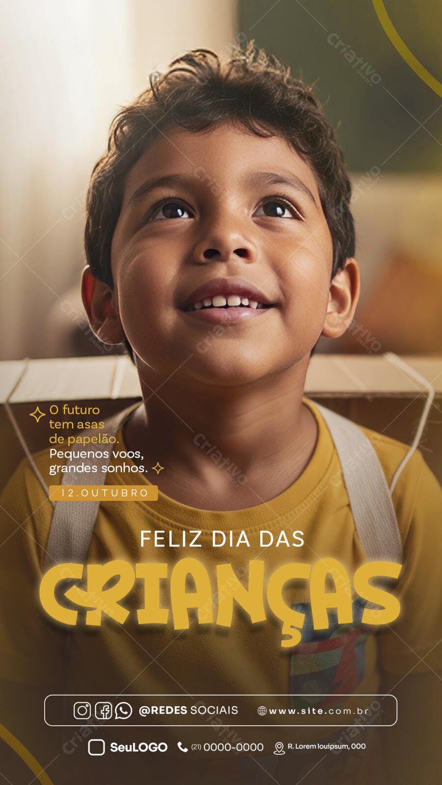 Flyer Vertical Dia das Crianças Menino Sonhador PSD Editável