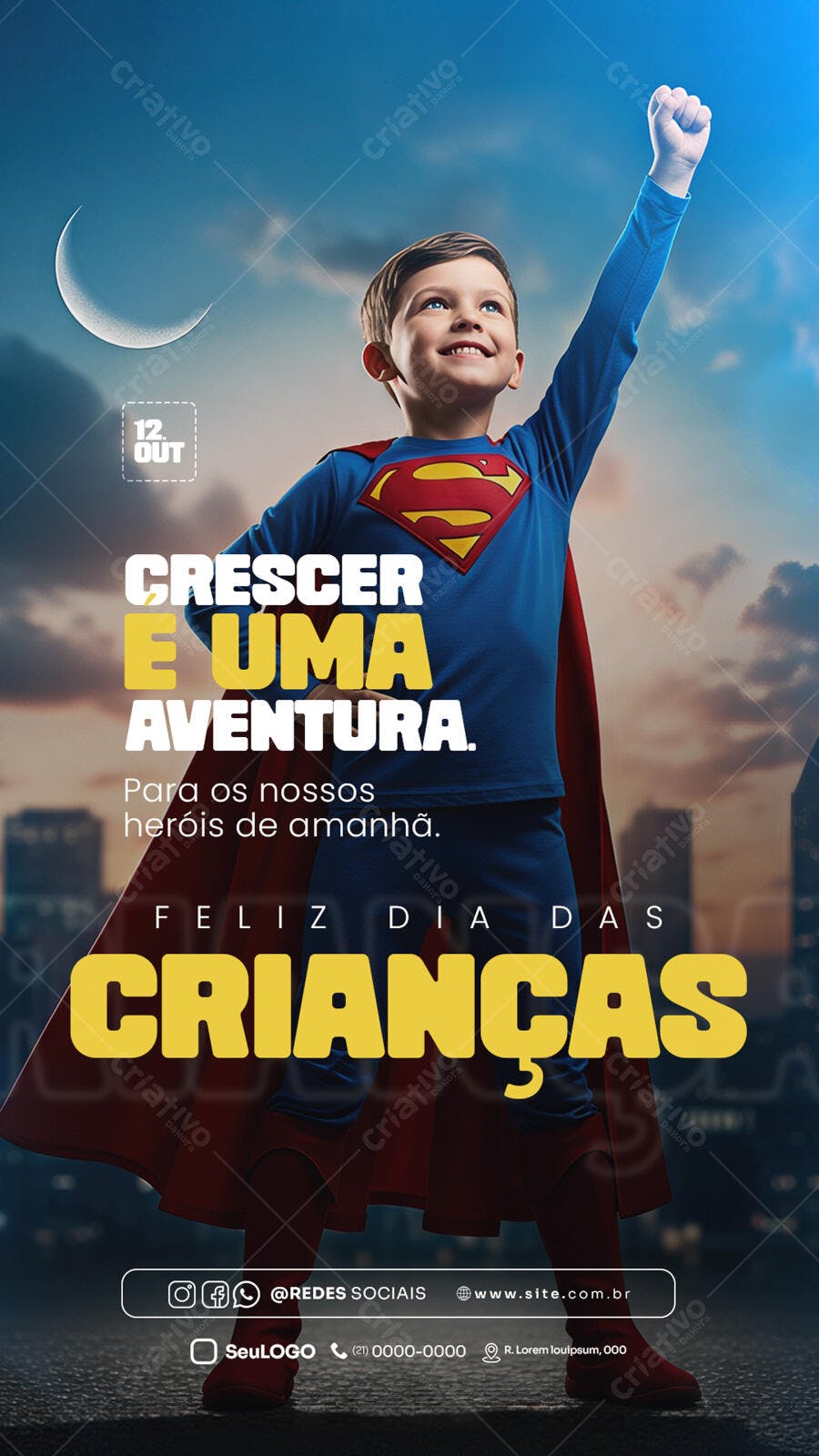 Flyer Dia das Crianças Criança Super-Herói Aventura Psd Editável