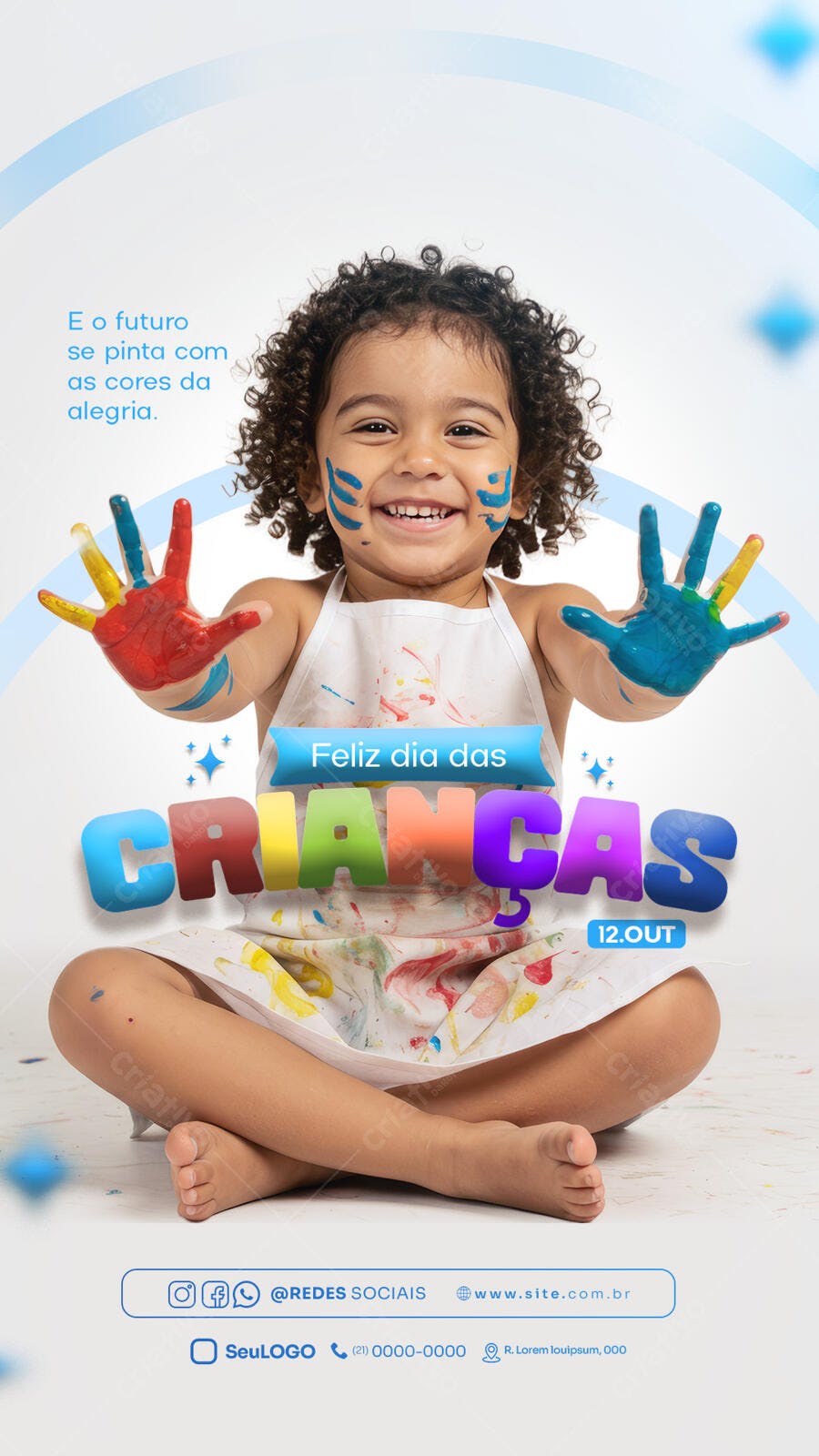 Flyer Dia das Crianças Criança Sorrindo Mãos Pintadas Psd Editável