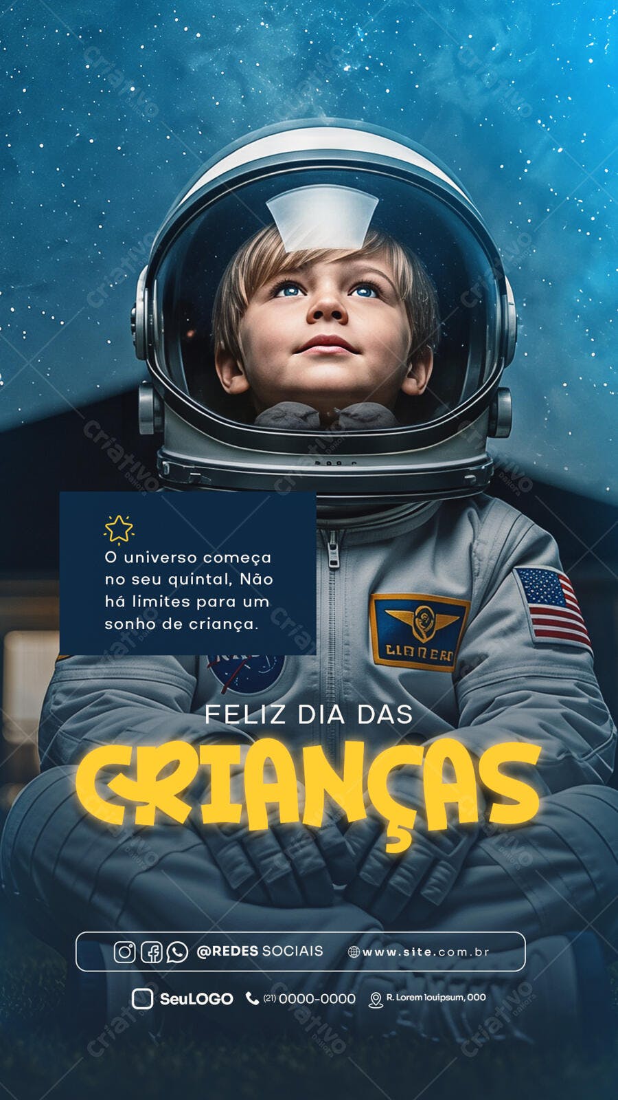 Post Redes Sociais Dia das Crianças Astronauta Psd Editável
