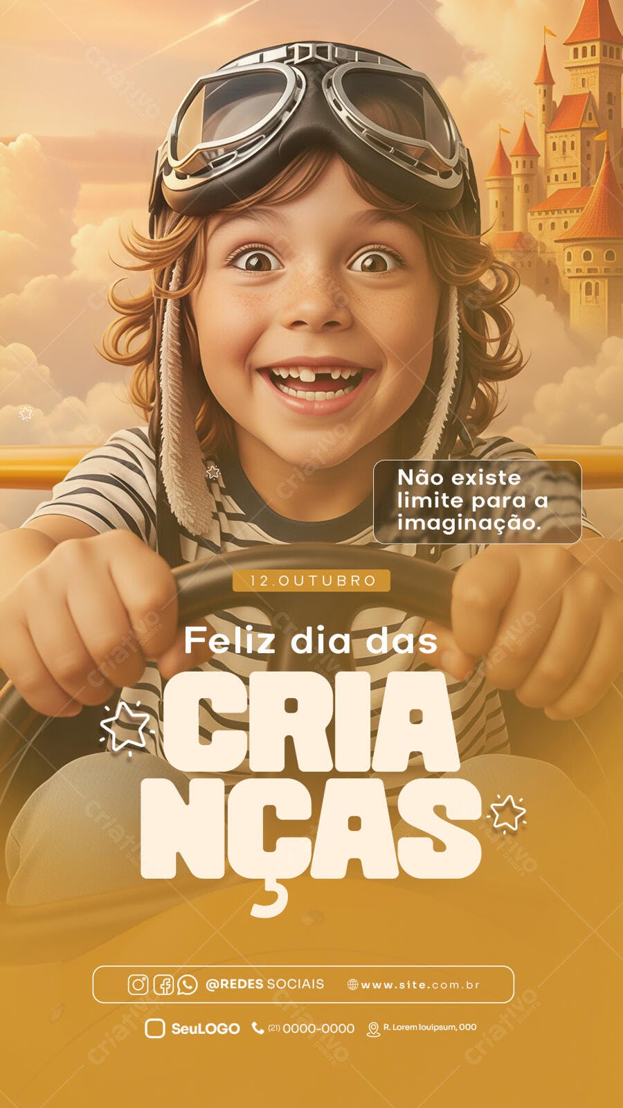 Flyer Dia das Crianças menino sorrindo e castelo PSD Editável