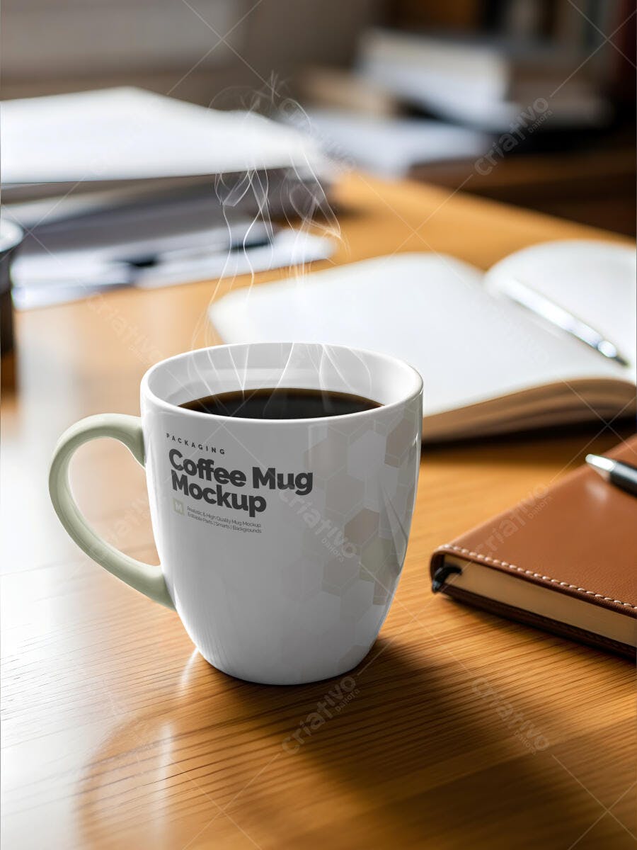 Mockup Caneca de Café Branca Fumegante Realista em Mesa de Madeira