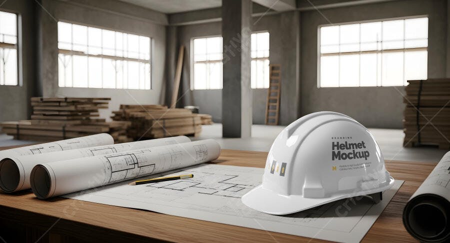Mockup Capacete de Segurança Branco Realista para Construção e Arquitetura