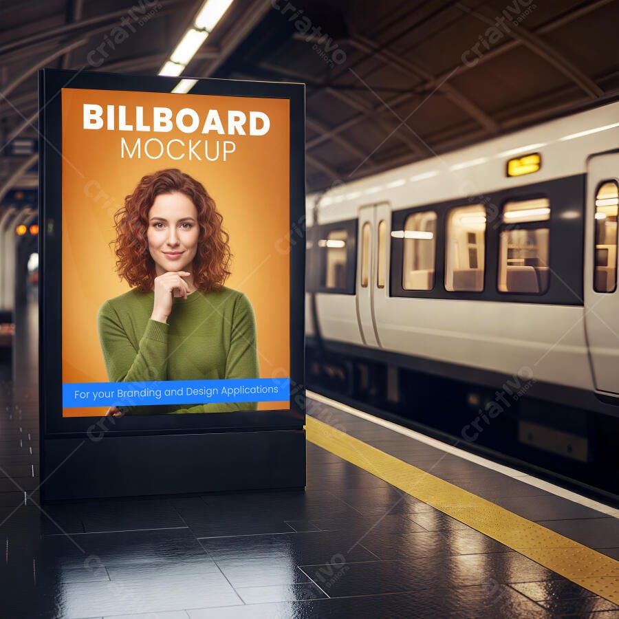Mockup de Outdoor Digital Vertical em Estação de Metrô com Mulher Ruiva e Fundo Laranja