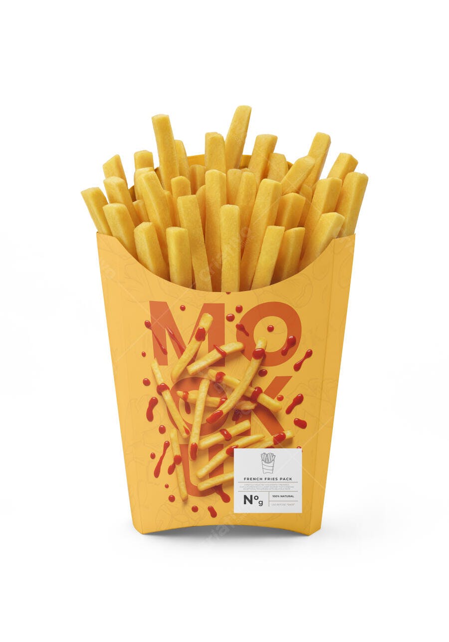 Mockup Realista Embalagem de Batata Frita Amarela com Ketchup Branding Alimentar