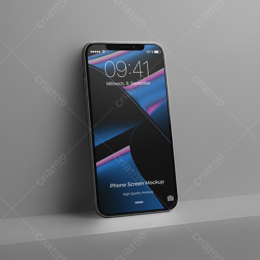 Mockup Realista de Tela de Smartphone Moderno Ícone Preto com Fundo Abstrato Azul Rosa