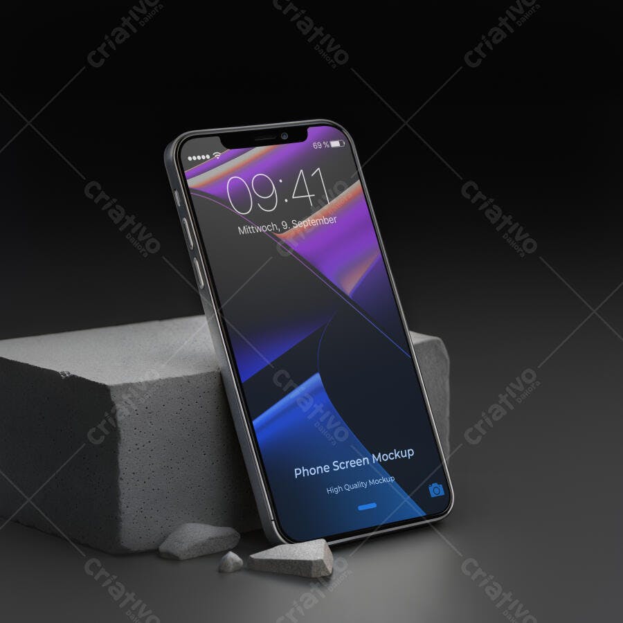Mockup Realista de Smartphone com Tela Vibrante em Cenário Minimalista Escuro
