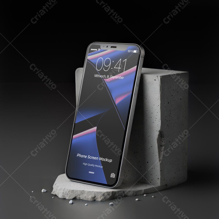 Mockup de Tela de Smartphone Realista em Cenário Minimalista Concreto Escuro