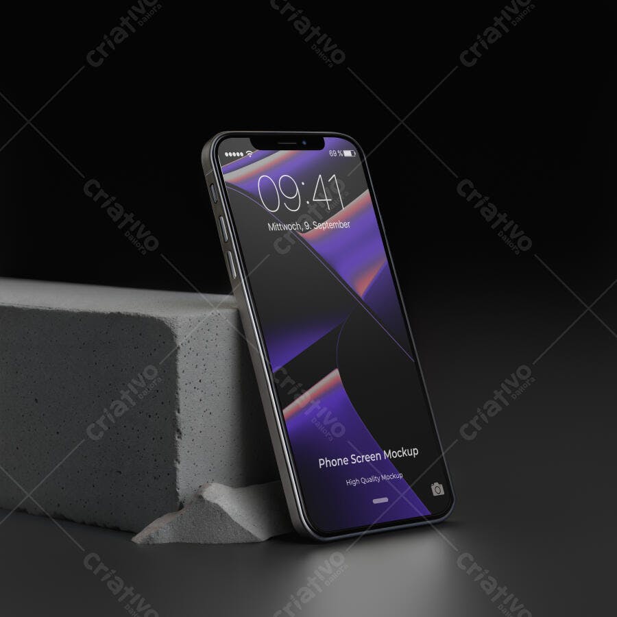 Mockup Realista de Smartphone Moderno em Fundo Escuro com Bloco de Concreto