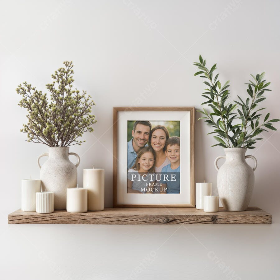 Mockup de Porta-Retrato de Madeira em Prateleira Rústica com Decoração Clean