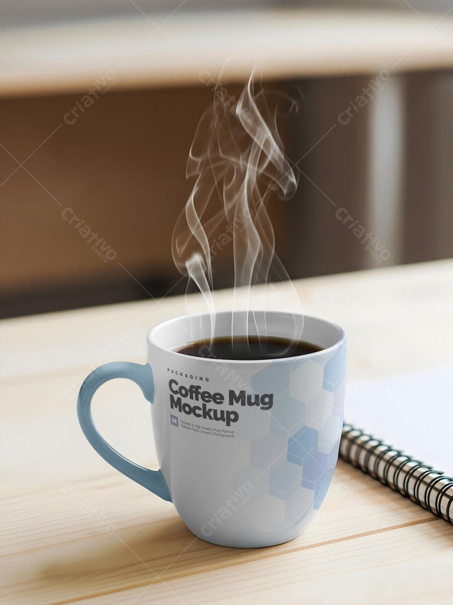 Mockup Caneca de Café Vapor Alça Azul Realista em Madeira para Branding