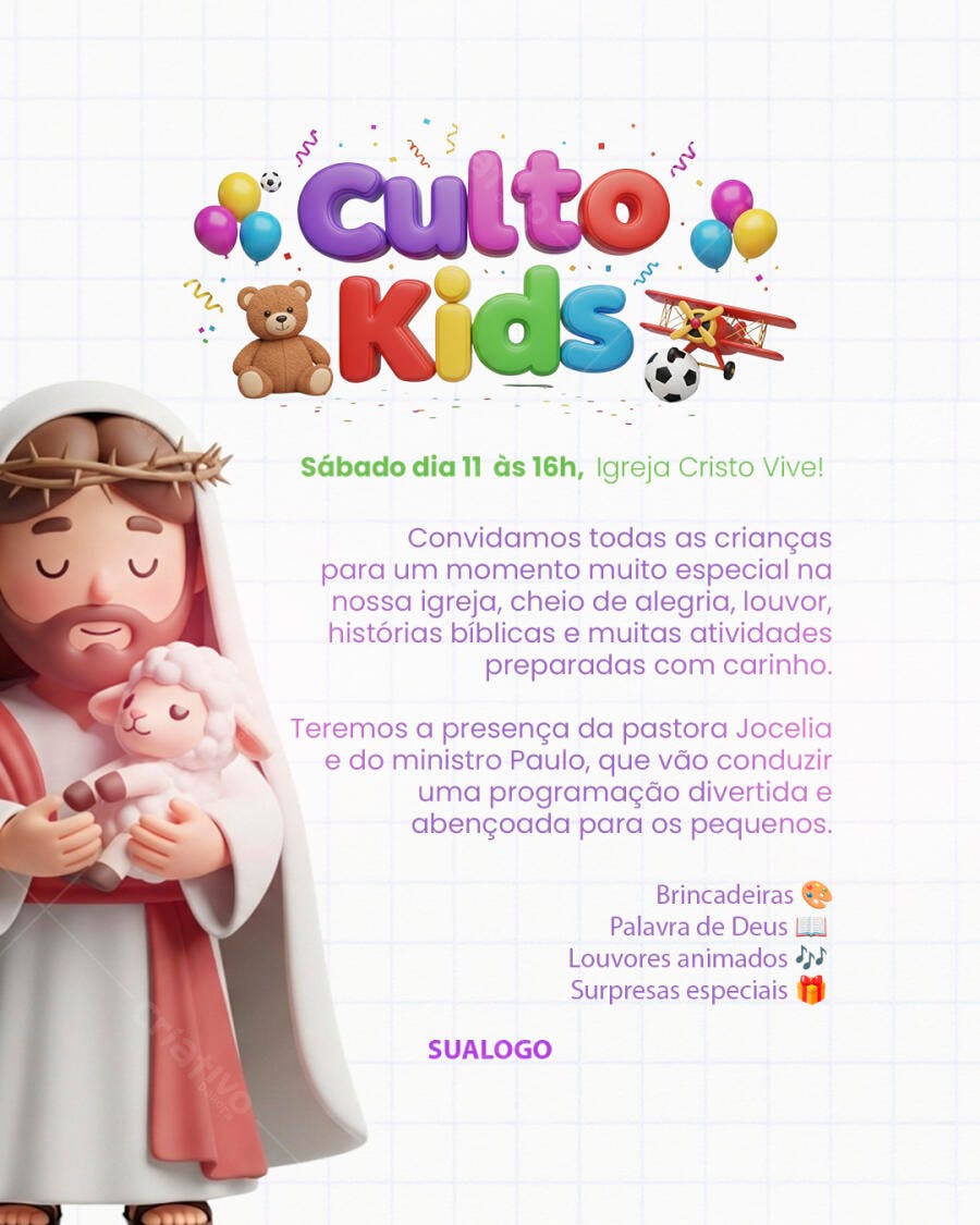 Flyer Culto Kids Igreja Cristo Vive Jesus Cordeiro PSD Editável