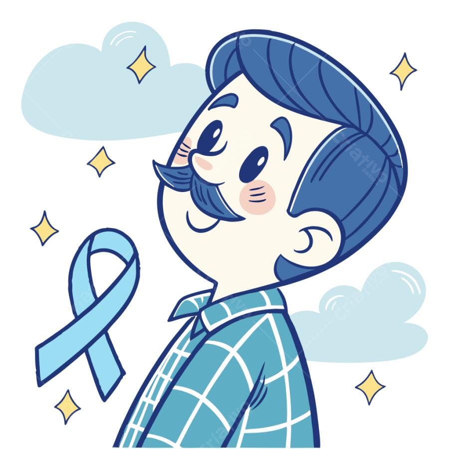 Homem cartoon feliz de bigode com camisa xadrez azul e laço Novembro Azul