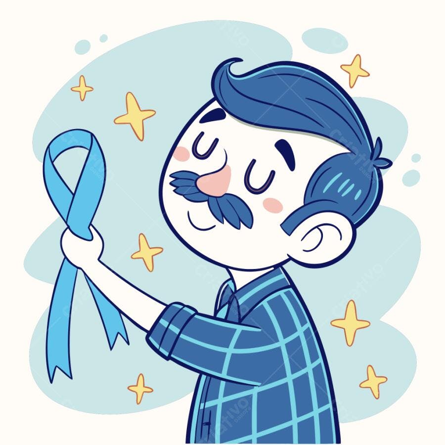 Homem sorrindo segurando fita azul claro para campanha Novembro Azul