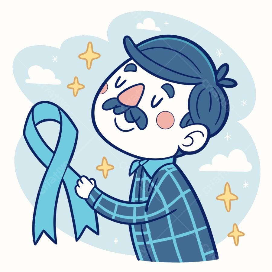 Homem de bigode e camisa xadrez segurando fita azul Novembro Azul
