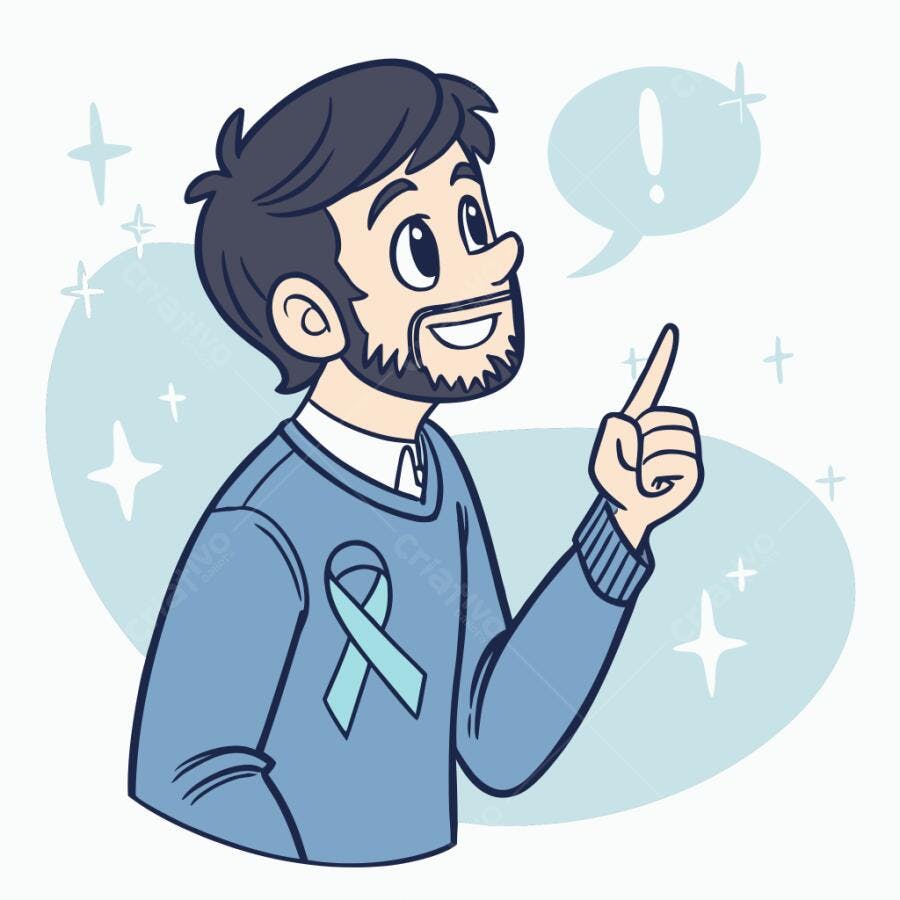 Homem barbudo sorrindo com laço azul de conscientização apontando para cima