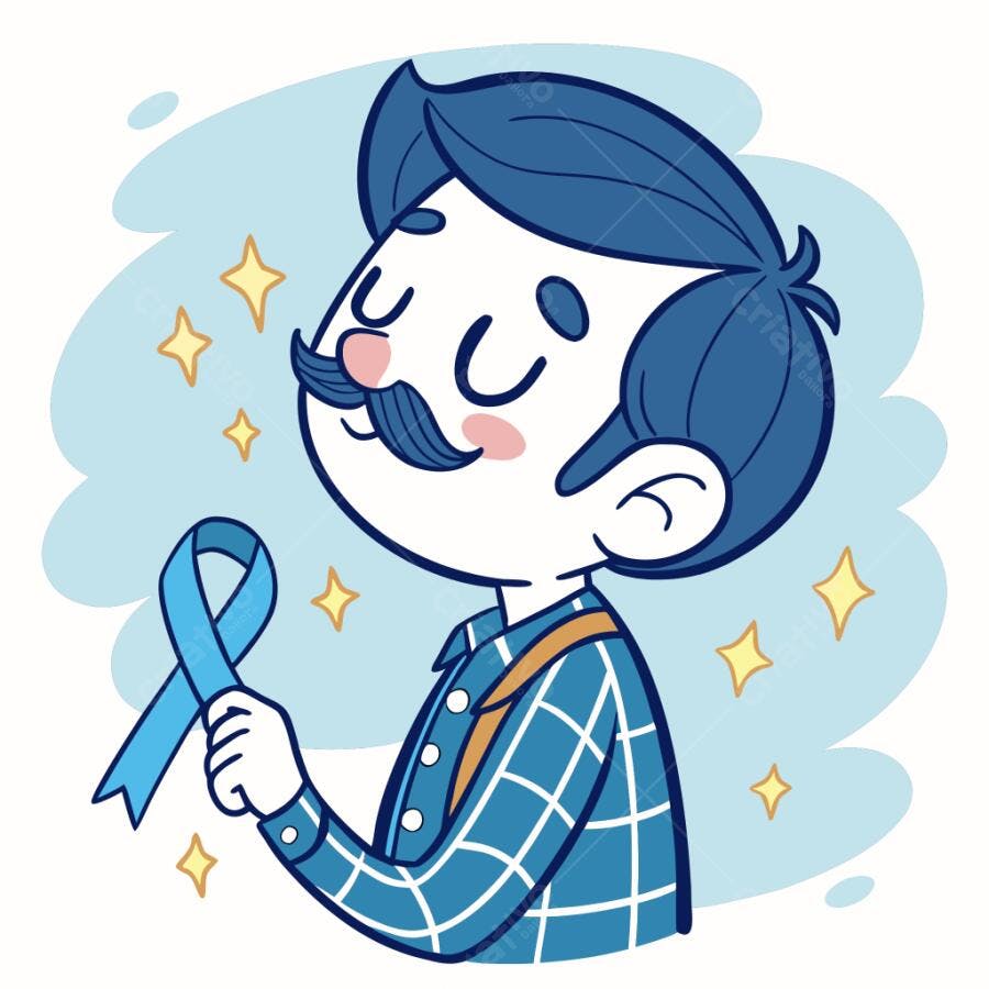 Homem ilustrado com bigode segurando fita azul para campanha Novembro Azul