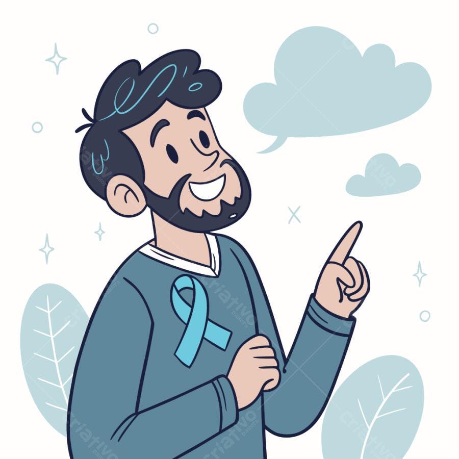 Homem barbudo sorrindo e apontando com laço azul de conscientização