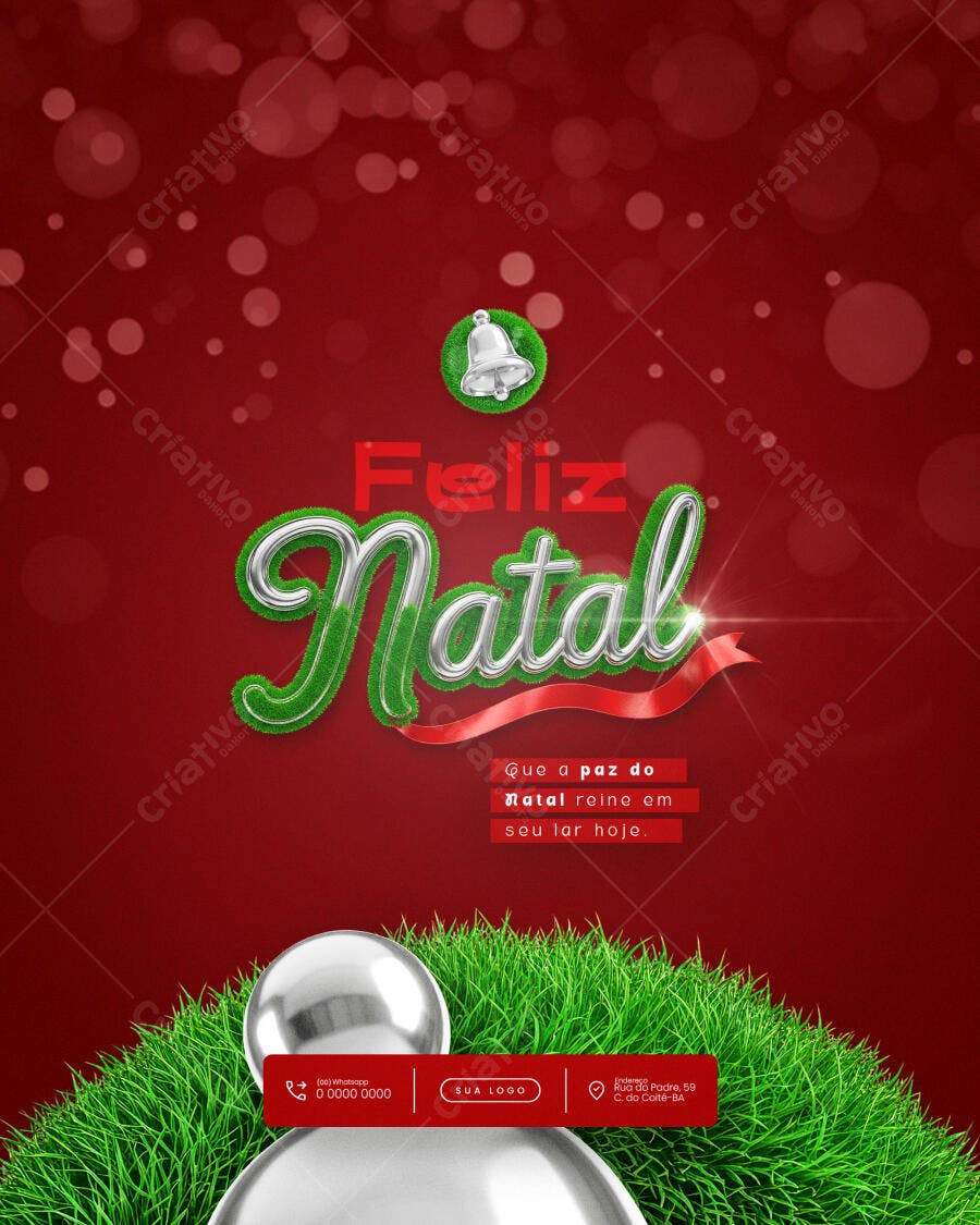 Flyer Feliz Natal com Texto Grama 3D e Sino PSD Editável