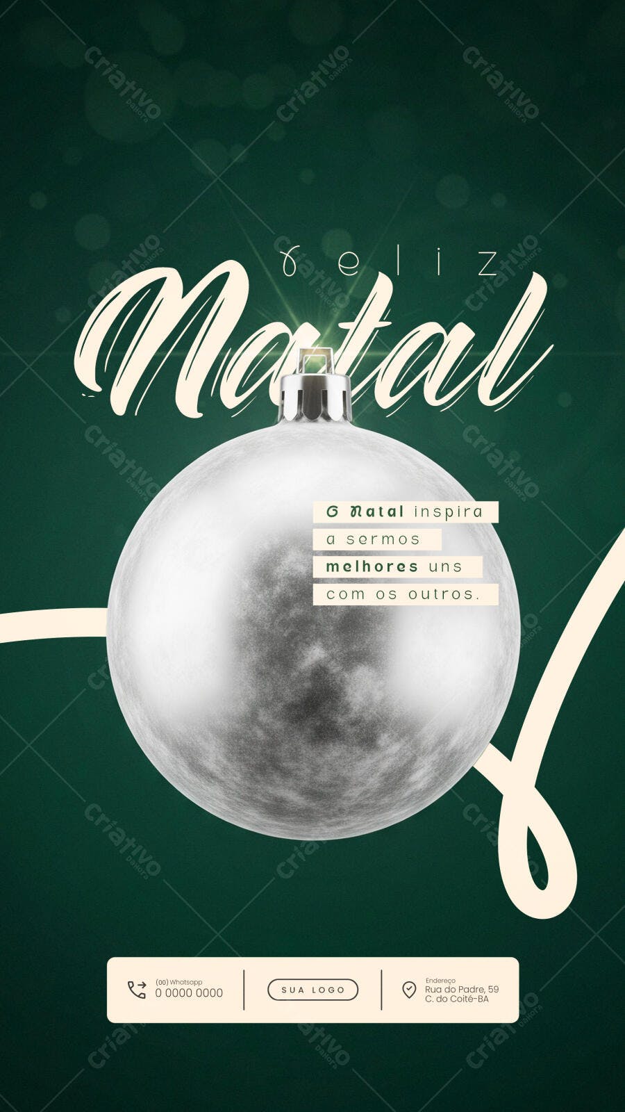 Flyer Natal Verde Escuro com Bola Prata e Mensagem Inspiradora PSD Editável