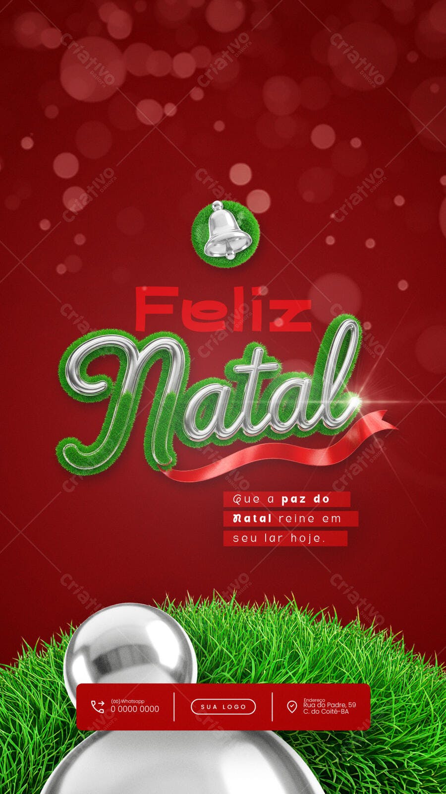 Flyer para Feliz Natal com Sinos e Grama Psd Editável