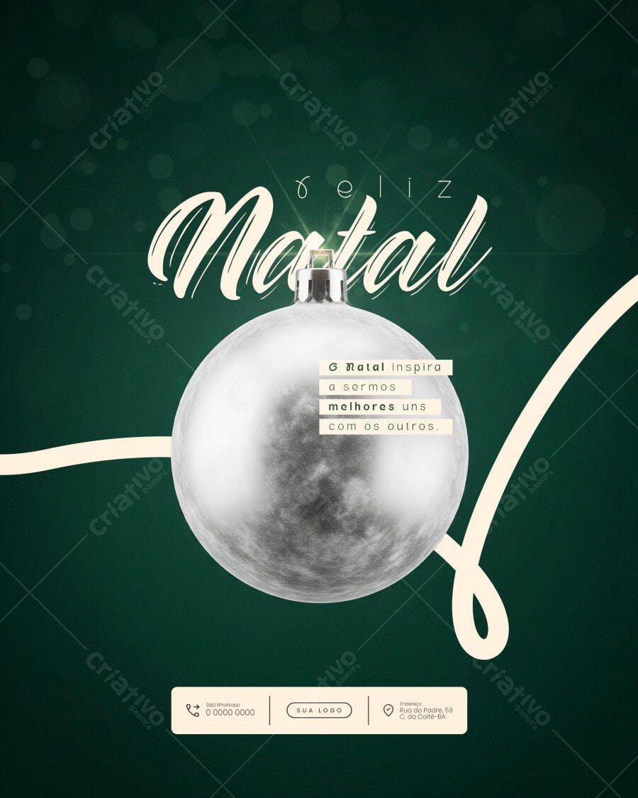 Flyer Feliz Natal Elegante com Bola Prateada PSD Editável