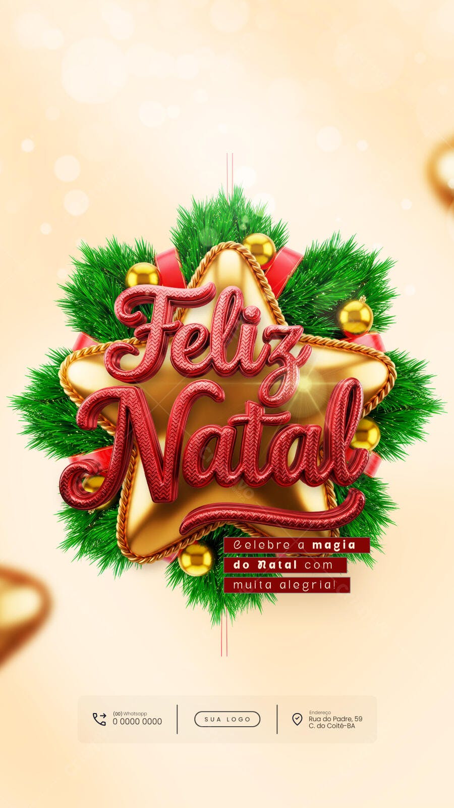 Flyer Natal Dourado Vermelho Folhas Verdes Feliz Natal PSD Editável