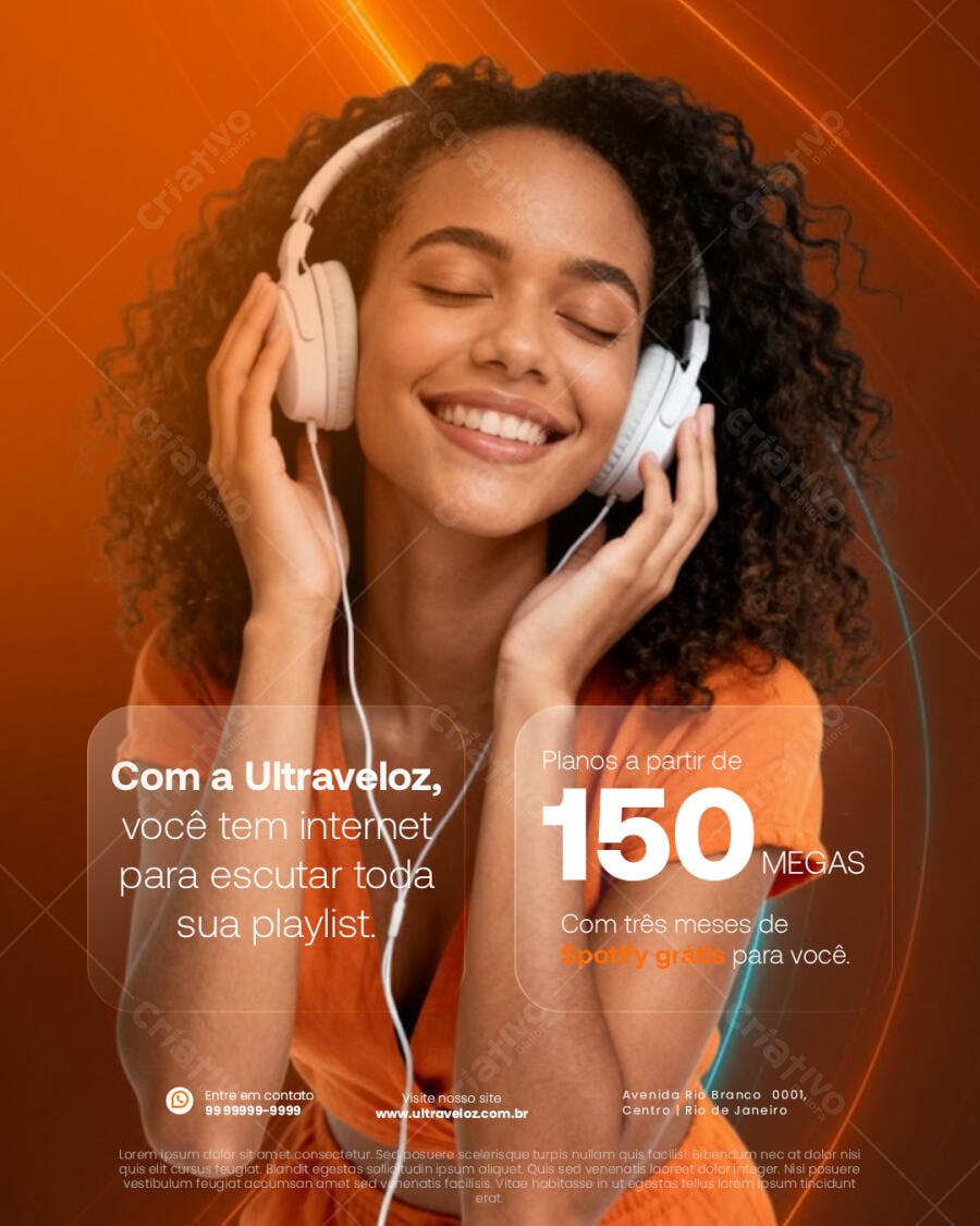 Flyer Promoção Internet com Spotify Grátis Mulher Negra Sorrindo PSD Editável