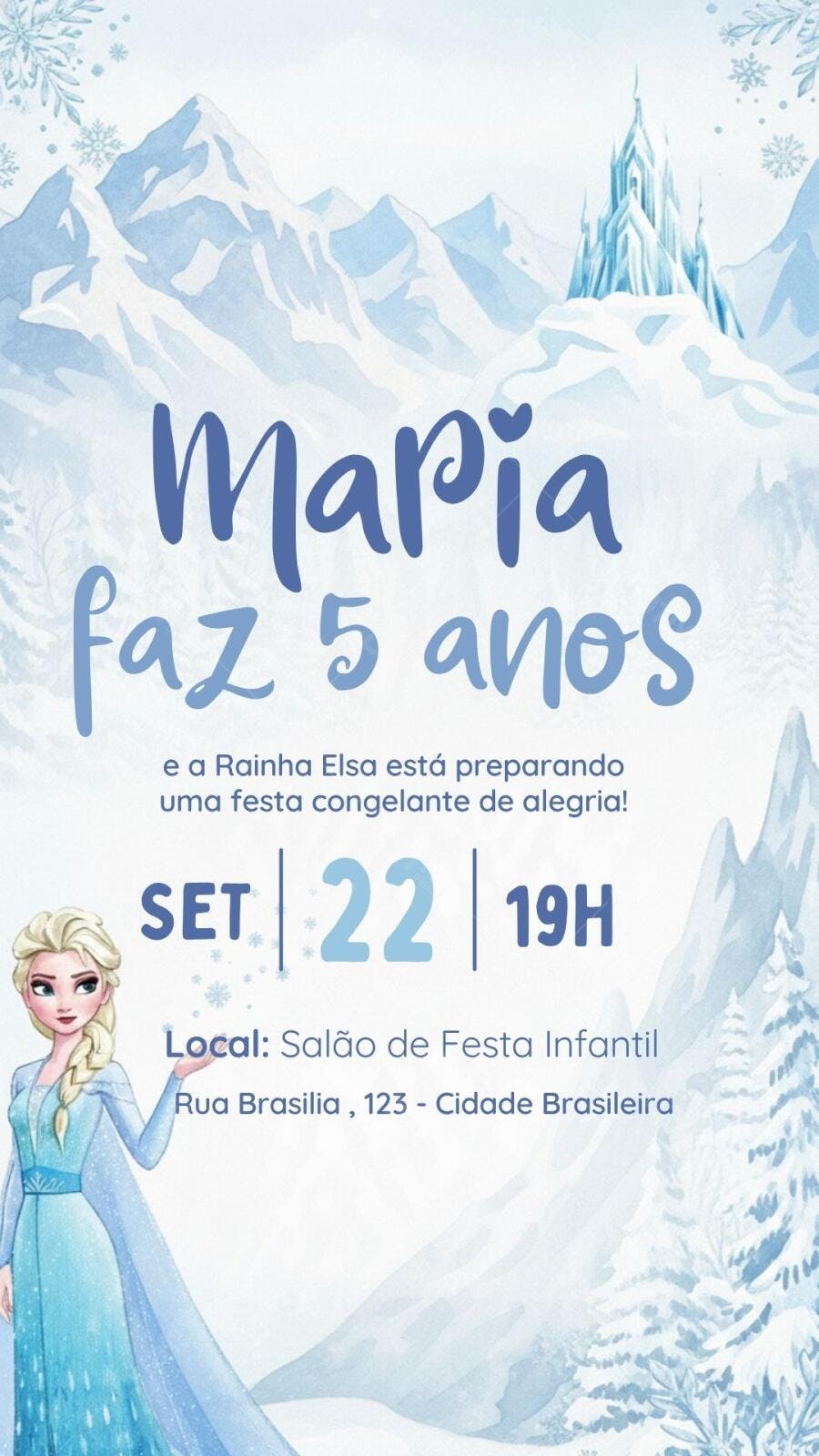 Convite aniversário infantil Frozen Elsa inverno azul e branco Editável no Canva