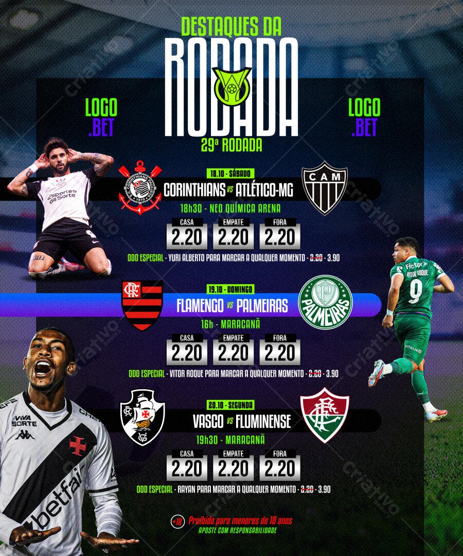Flyer de Apostas Esportivas para Destaques da Rodada PSD Editável