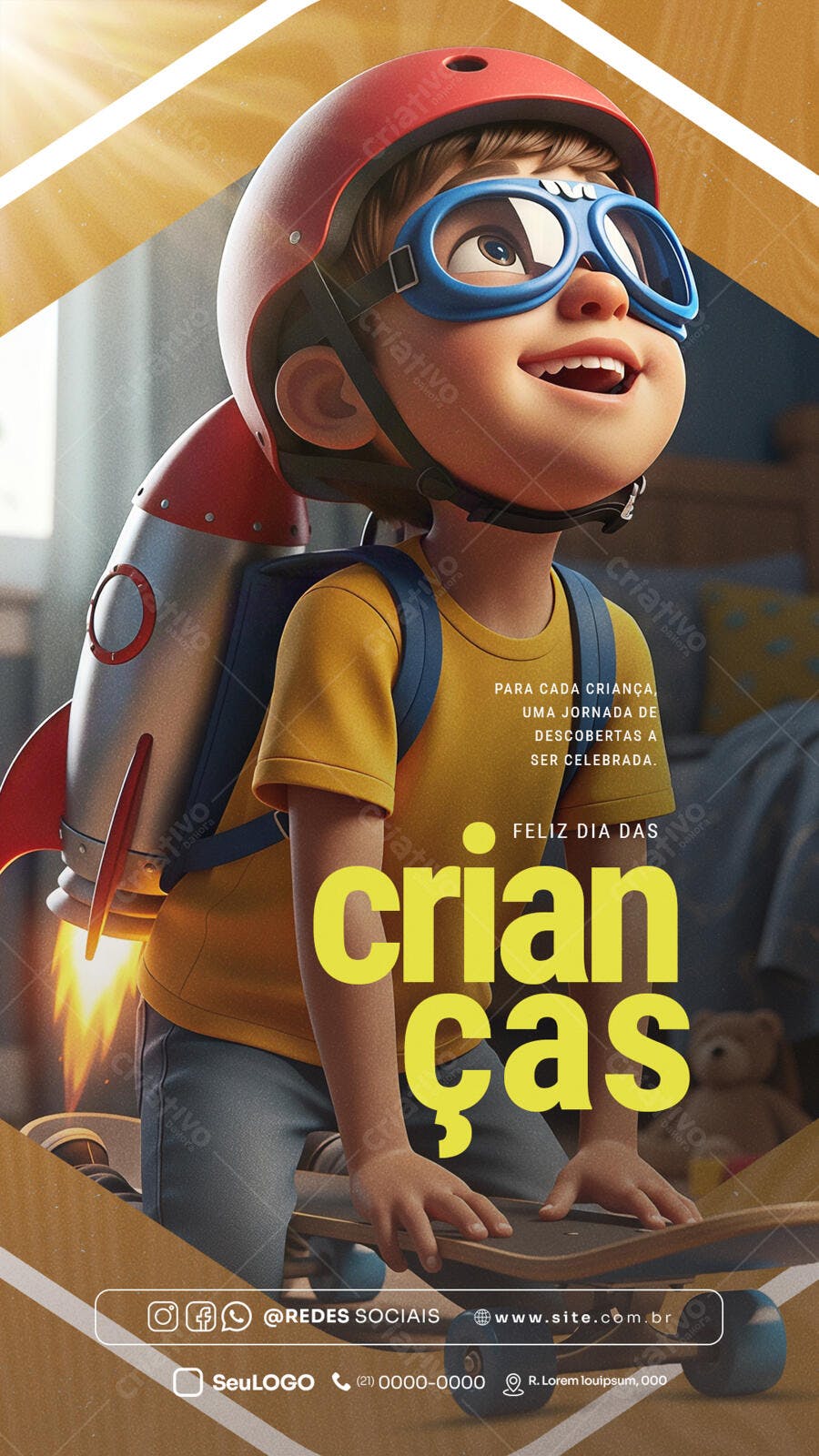 Flyer Dia das Crianças com Menino Astronauta Skatista Psd Editável