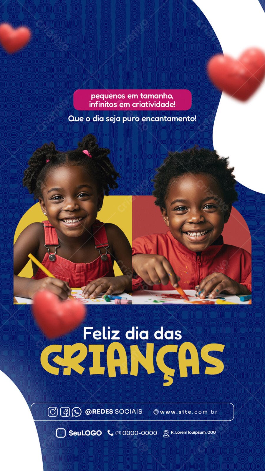 Post para Dia das Crianças com Crianças Negras Desenhando PSD Editável
