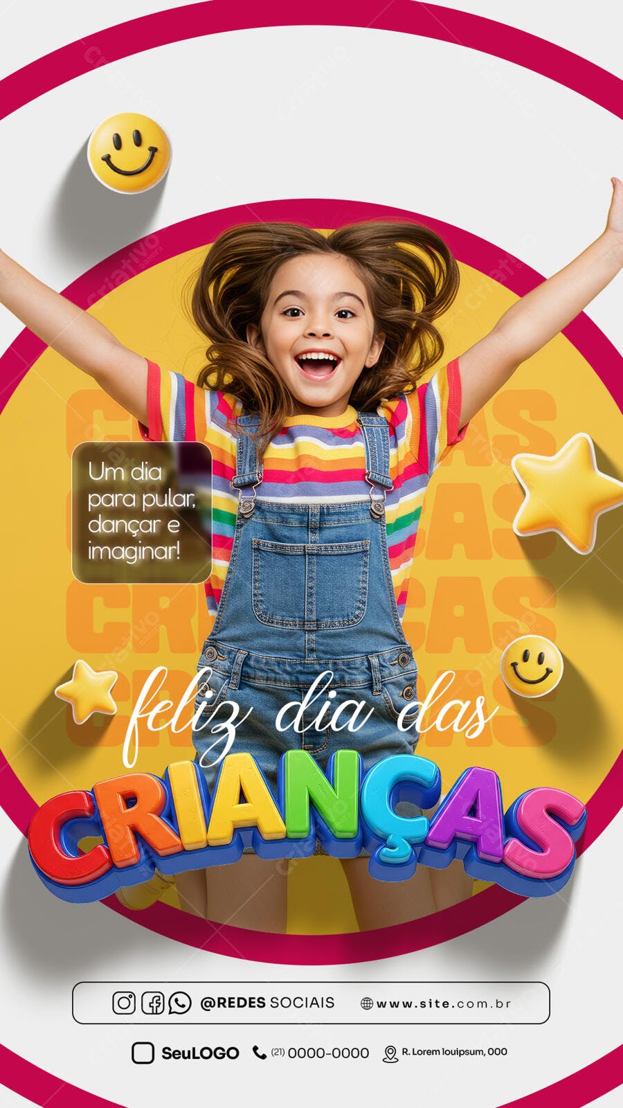 Flyer Feliz Dia das Crianças Menina Alegre Colorido PSD Editável