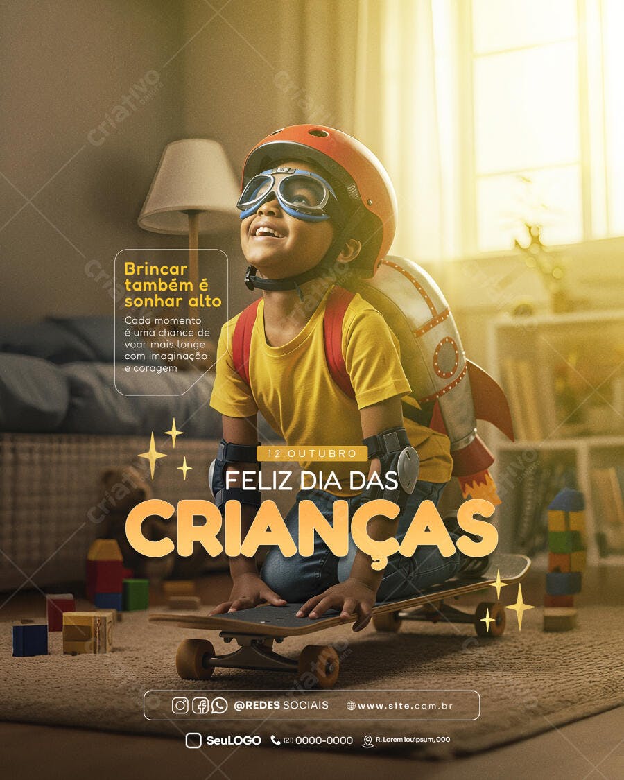 Post Redes Sociais para Dia das Crianças Menino Foguete PSD Editável