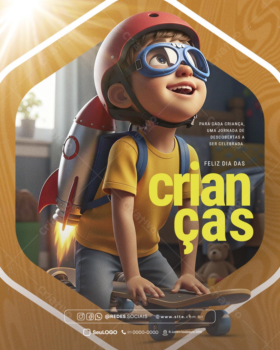 Flyer Feliz Dia das Crianças Menino Skatista Foguete Psd Editável