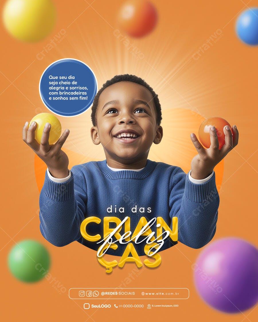 Post Redes Sociais Dia das Crianças Feliz com Menino Negro Psd Editável